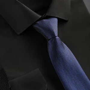 Men's business striped necktie with black dress shirt collar detail view, elegant formal wear style.