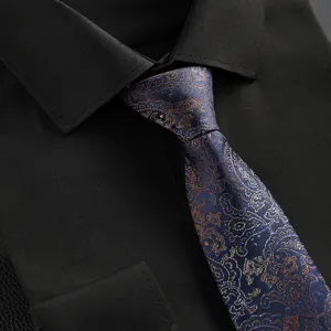 Close-up view of a men's business tie with intricate paisley pattern and crisp black shirt.