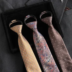 Men Jacquard Woven Zipper Necktie Business Wedding Retro Paisley Striped Lazy Tie Fashion Suit Neckwear
