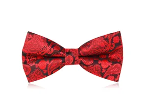 Detailed view of the exquisite red and black paisley pattern men's formal bow tie accessory.