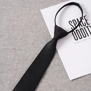 Close-up detail of a black zipper tie, solid textured fabric, convenient lazy tie design.