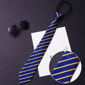 Close-up detail of the blue and yellow striped men's zipper tie, showing fine fabric texture.
