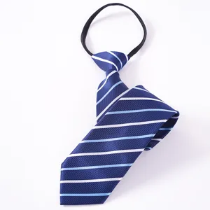 Vista dettagliata della cravatta con zip a righe blu per abbigliamento maschile.