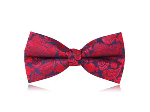 Men's formal paisley bow tie in red and blue, elegant woven wedding suit accessory for groom.