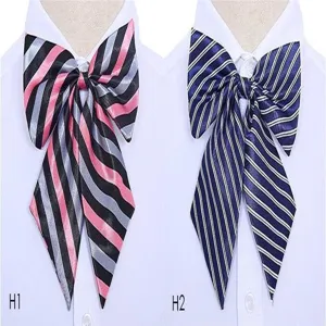 Women's striped bow tie for business uniform, professional hotel bank collar accessory detail view.