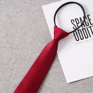 Detail shot of a red zipper tie, easy-to-wear lazy tie with clear twill texture design.