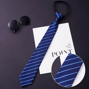 Detail shot of a classic blue striped men's business zipper tie with fabric texture zoom in.