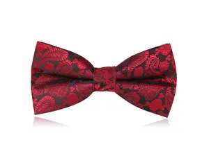 Close-up detail of the elegant red and black paisley pattern jacquard fabric on the mens bow tie.