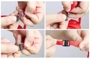 Vue detaillee montrant comment attacher facilement la sangle rouge du noeud papillon.