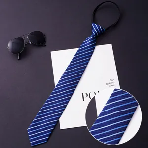 Detail view of men's blue striped zipper tie with fine fabric texture and stylish look.