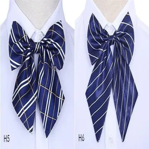 Detail view of women business bow tie collar decoration with classic plaid and stripe patterns.