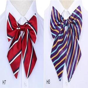 Detailed view of women professional bow tie with stripe patterns, business uniform collar accessory.