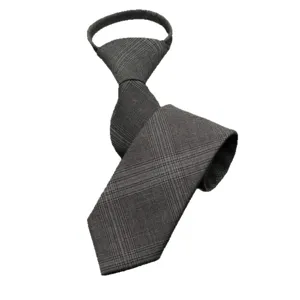 Men's grey plaid zipper necktie, pre-tied formal business suit tie for wedding events.