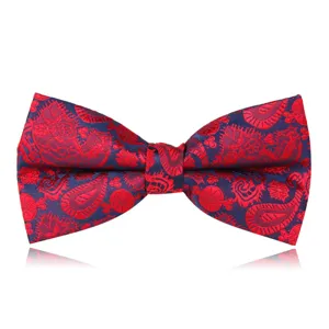 Men's formal paisley bow tie in burgundy and navy blue, classic wedding groom suit accessory.