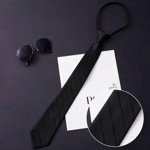 Men black business zipper tie detail view, professional suit formal wear lazy necktie