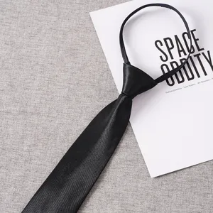 Men black zipper tie lazy no knot business formal necktie smooth satin fabric detail shot
