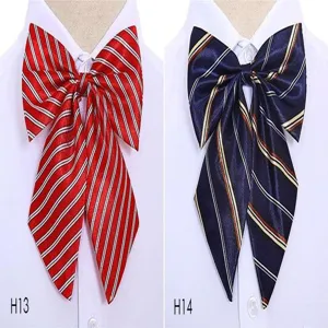 Detail view of women striped bow tie for business uniform and hotel staff professional wear.
