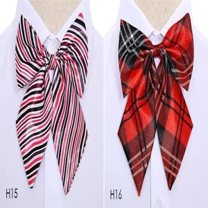Detailed close-up of professional women uniform bow tie, striped and plaid shirt collar design.