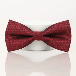 Closeup of red herringbone men bow tie fabric texture, classic wedding neckwear detail.