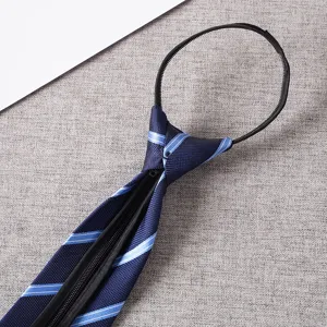 Men blue striped zipper tie lazy non-knot business casual necktie fashion accessory top
