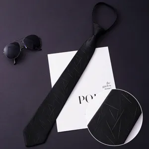 Men black zipper tie detail closeup, geometric texture pre-tied business necktie.