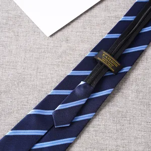 Detailed view of a navy blue striped zipper tie showcasing fine fabric texture and label.