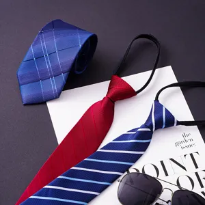 Men business zipper necktie set stylish pre-tied lazy tie formal suit wedding accessories