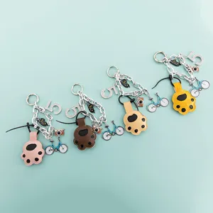 Cute Cartoon Cat Claw Keychain Bag Charm PU Leather Rhinestone Alloy Pendant For Women Gift Bicycle Camera Kitty Key Ring