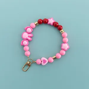 Cute pink red beaded phone strap candy color wrist lanyard cute charms key chain accessory