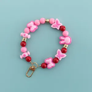 Cute pink red candy beaded phone wrist strap with cute bow and butterfly lanyard accessory
