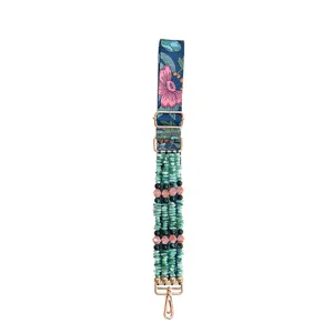 Sangle de sac large style boheme avec tissu floral pierres irregulieres perles acrylique