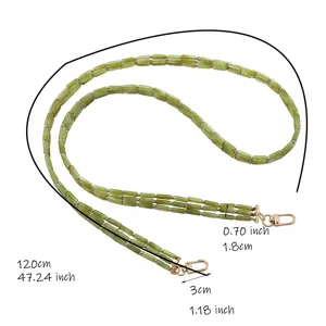 Green acrylic bamboo style triple chain bag strap detail showing length and sizing.