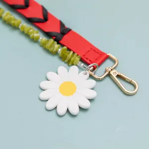 Red braided bag strap with green beads and cute daisy flower charm for handbag replacement.