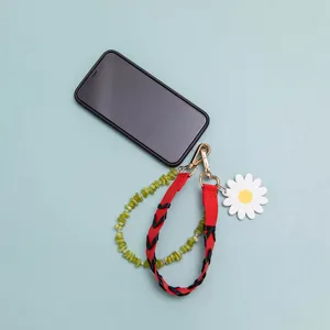 Short bag strap replacement with green beads, red black braided leather and cute daisy pendant.