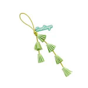 Green PU leather tassel keychain bag charm with Santiago nameplate for daily bag and key decoration.