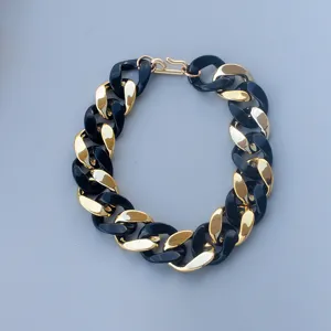 Chunky acrylic and metal chain necklace black gold colorblock statement fashion jewelry