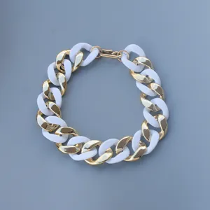 Chunky white acrylic and gold metal chain necklace, modern geometric clavicle collar jewelry.