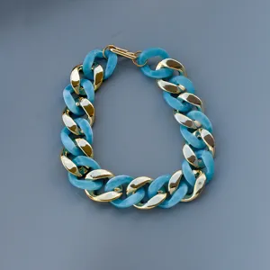 Chunky blue acrylic and gold chain necklace fashion statement geometric clavicle jewelry