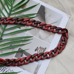 Acrylic bag chain detail view, tortoise shell pattern replacement strap, close up product shot.