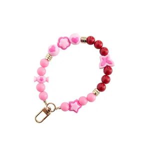Cute pink red beaded phone charm strap sweet style candy color resin beads keychain accessory