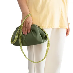 Green pleated clutch bag with triple beaded chain strap, stylish women crossbody handbag.