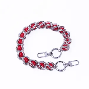 Metal beaded bag chain 40cm replacement strap red acrylic pearls silver tone hardware handbag handle