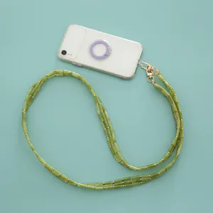Green bamboo acrylic beaded phone strap and bag chain with gold accents for daily use.