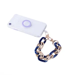 Clear phone case with blue acrylic gold chain strap hand wrist lanyard for women