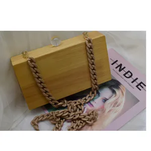 Ξύλινη τσάντα clutch με χοντρή αλυσίδα ρητίνης μόδα κομψή τσάντα ώμου στιλάτο αξεσουάρ