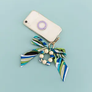 Creative silk scarf wooden bead bow phone charm and cute bag keychain accessory for women