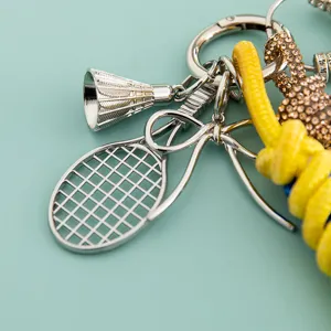 Stylish alloy tennis badminton racket keychain bag pendant with shiny rhinestones.