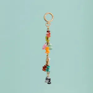 Detailed close-up shot of the colorful macaron resin stone beaded keychain and bag charm.
