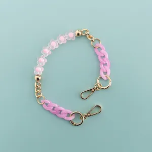 Short floral phone chain pink acrylic bead gold hardware charm strap cute mobile accessory