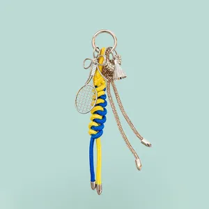 Metal tennis racket shuttlecock keychain bag charm blue yellow rope pendant accessory